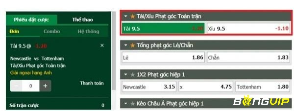 Tài Xỉu phạt góc trận đấu giữa Newcastle vs Tottenham