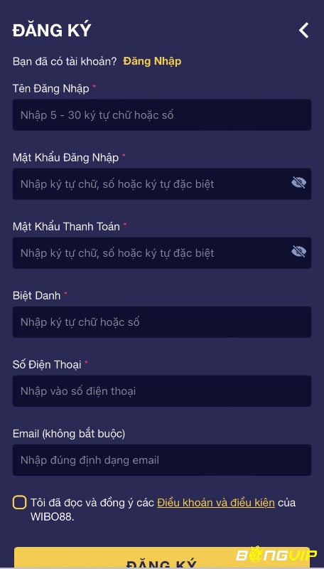 Form điền thông tin đăng ký tại web cược Wibo88