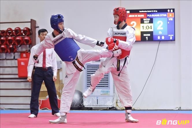 Theo luật taekwondo vận động viên thực hiện đòn đấm dùng nắm đấm, đòn đá tính từ mắt cá chân trở xuống