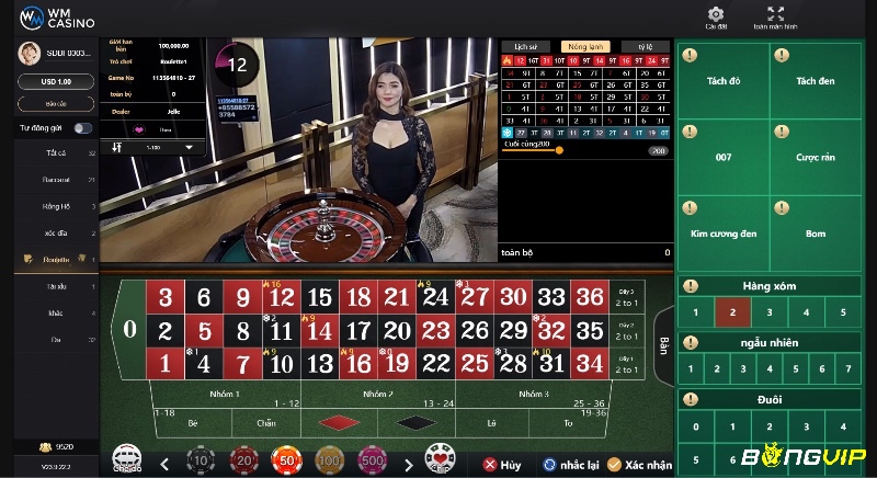Giao diện roulette trực tuyến với video trực tiếp từ sòng bạc và bảng cược kỹ thuật số cho người chơi.